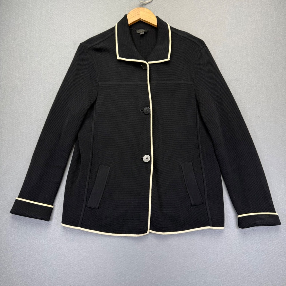 Talbots L Black Cotton Rayon Knit Button Front Cardigan Jacket Contrast Trim